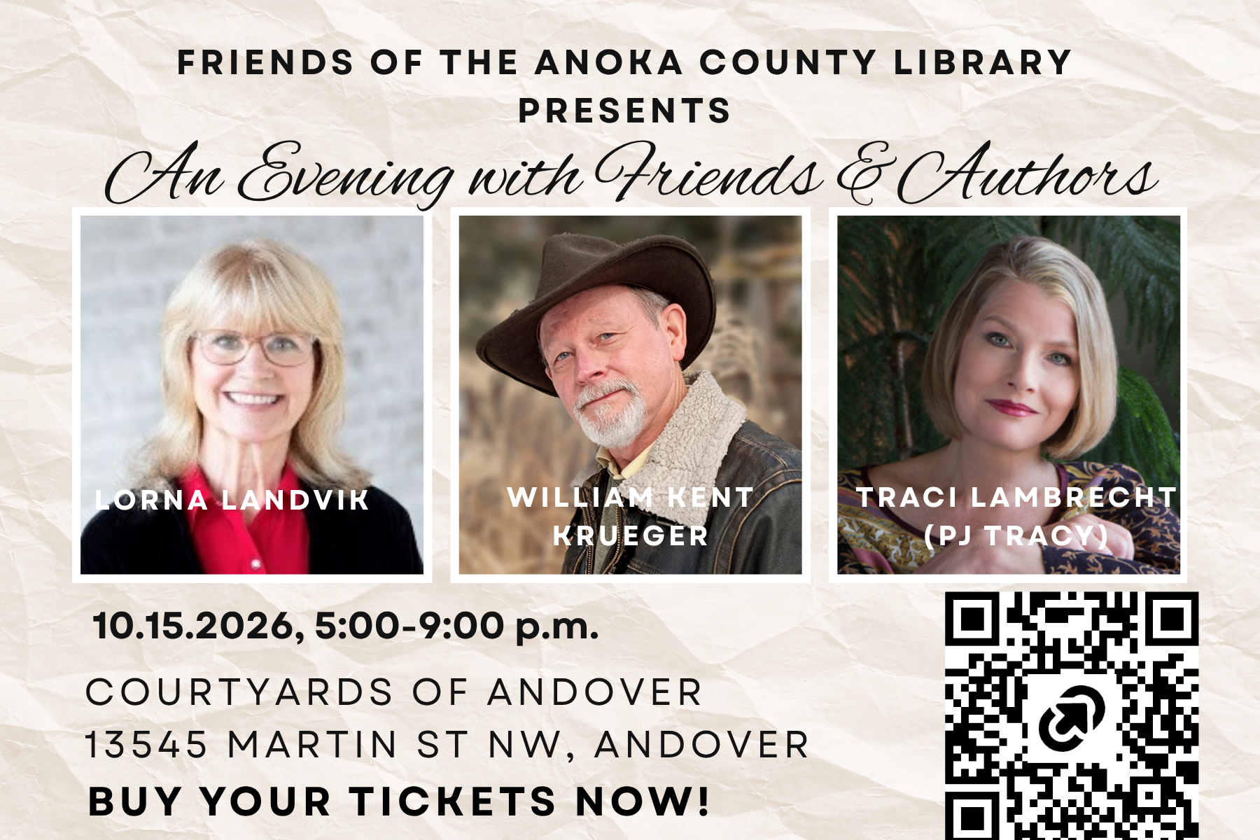 You're Invited — An Evening with Friends & Authors, October 15, 2026 at Courtyards of Andover Banner